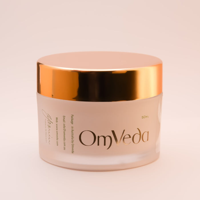OmVeda Silver Soothe Cream jar with label and gold lid, side text visible