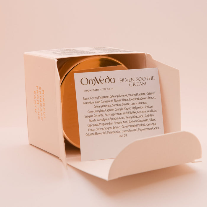 OmVeda Silver Soothe Cream box open showing jar inside