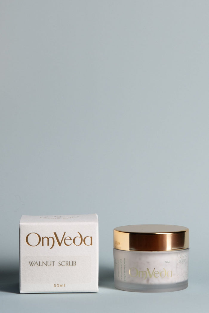OmVeda Walnut scrub set: box and gold-lidded cream jar, 50 ml