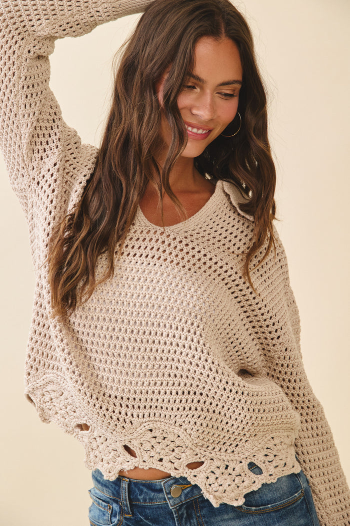 Open Knit Crochet Hem Pullover Sweater