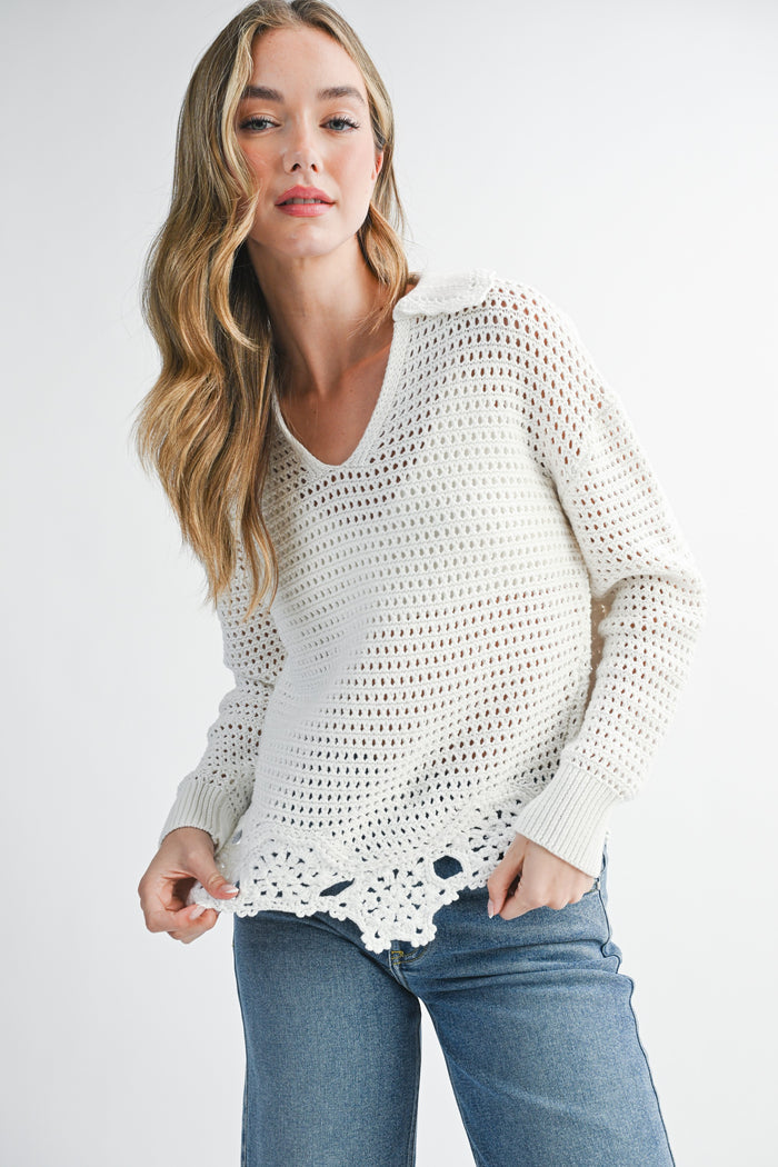 Open Knit Crochet Hem Pullover Sweater