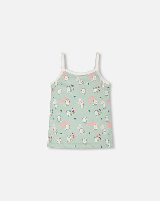 Organic Cotton Tank Underwear Green Kitten Print-0