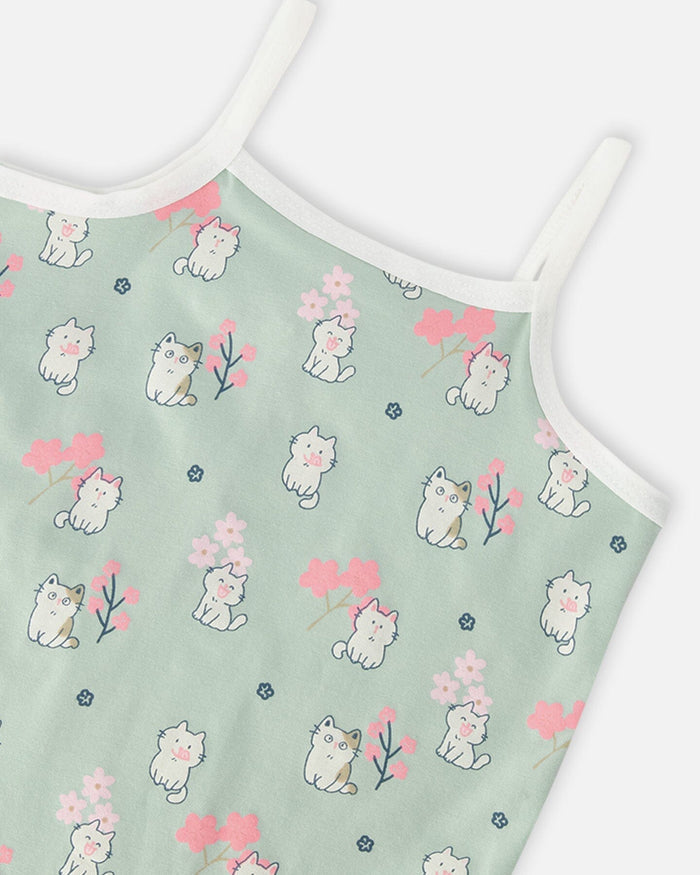 Organic Cotton Tank Underwear Green Kitten Print-2