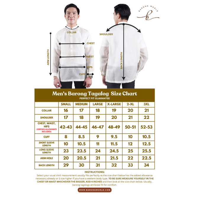 Men's Barong Tagalog Size Chart