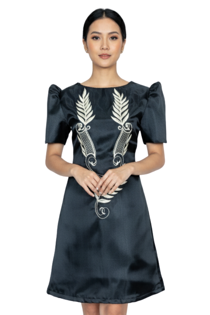 Elegant Black Barong Dress with Beige Floral Embroidery