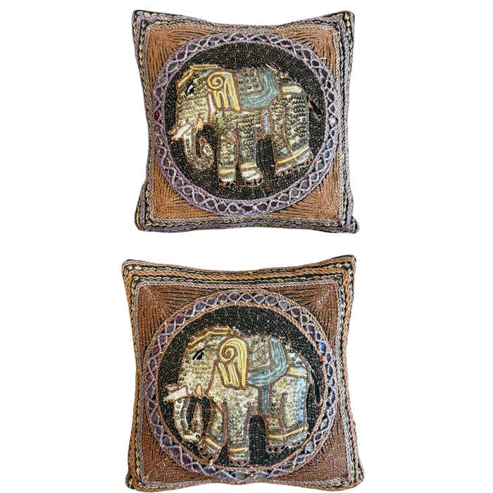 embroidered elephant pillow, petite accent pillow, hand embroidered pillow, decorative throw pillow, global decor pillow, boho accent pillow, layered pillow styling, collectible textile pillow, small decorative pillow, elephant home decor, vintage style pillow, textured accent pillow