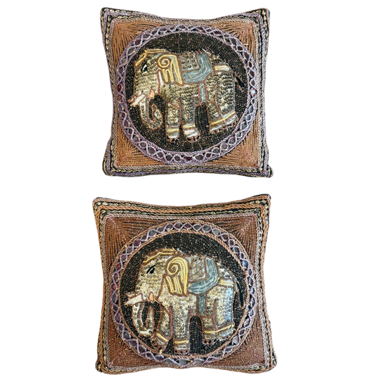 embroidered elephant pillow, petite accent pillow, hand embroidered pillow, decorative throw pillow, global decor pillow, boho accent pillow, layered pillow styling, collectible textile pillow, small decorative pillow, elephant home decor, vintage style pillow, textured accent pillow