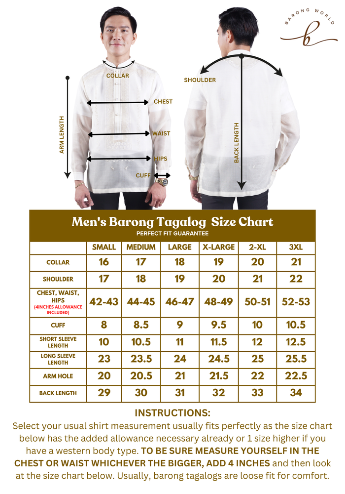Men's Barong Tagalog Size Chart