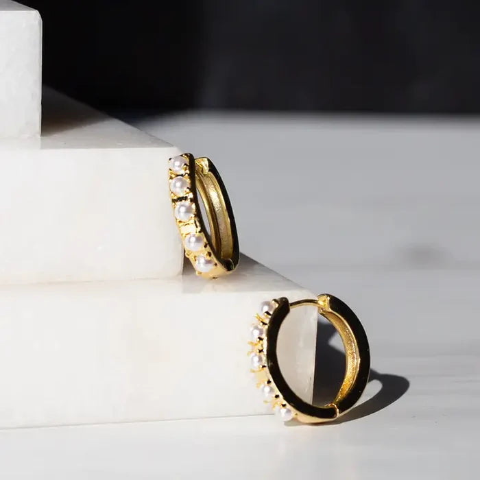 Pearl Hoop Earrings-Gold