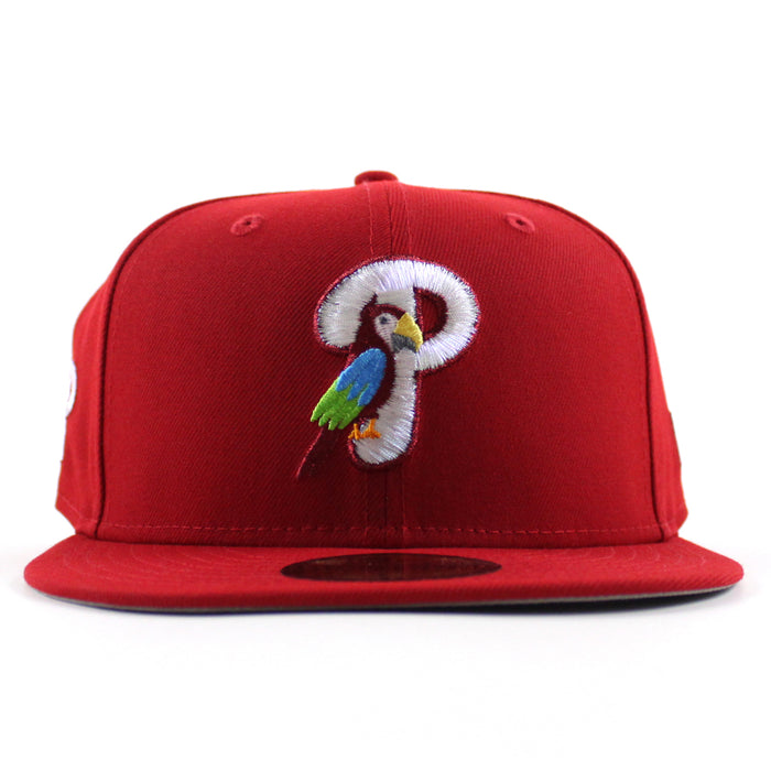 Philadelphia Phillies PARROT 59Fifty New Era Fitted Hat (Scarlet Red and Gray Under Brim)