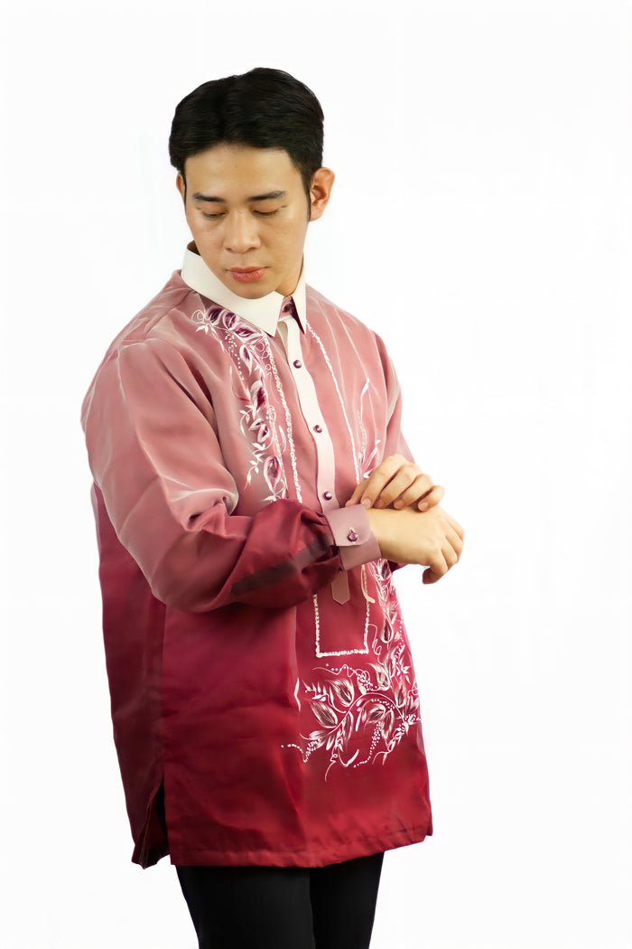Red Cultural Barong Tagalog Made of Piña Organza
