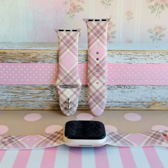 Pink Cashmere Plaid soft pink, cream and taupe plaid silicone band for Apple Watch from Fancy Bands