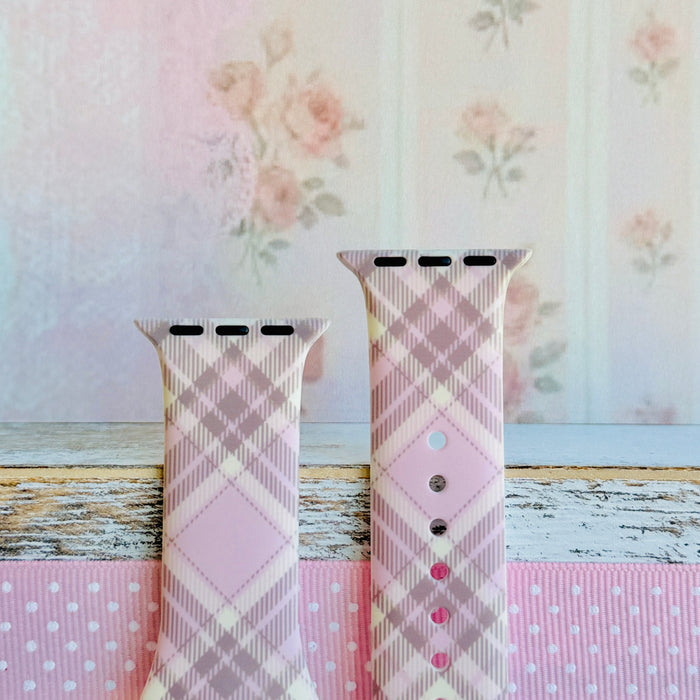 Pink Cashmere Plaid soft pink, cream and taupe plaid silicone band for Apple Watch from Fancy Bands