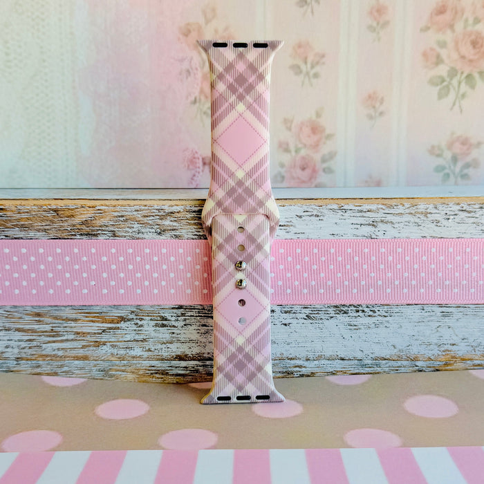 Pink Cashmere Plaid soft pink, cream and taupe plaid silicone band for Apple Watch from Fancy Bands