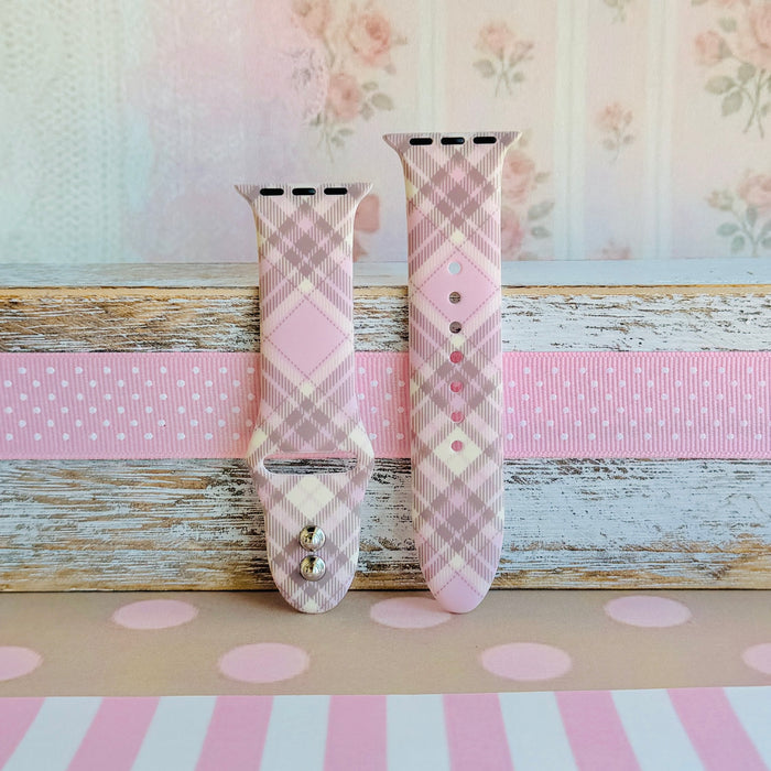 Pink Cashmere Plaid soft pink, cream and taupe plaid silicone band for Apple Watch from Fancy Bands