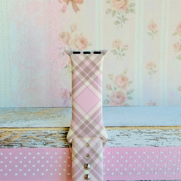 Pink Cashmere Plaid soft pink, cream and taupe plaid silicone band for Apple Watch from Fancy Bands