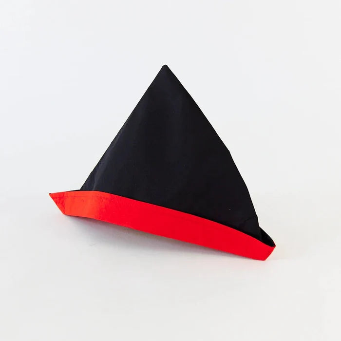 Black pointed pirate hat with a red border on a white background