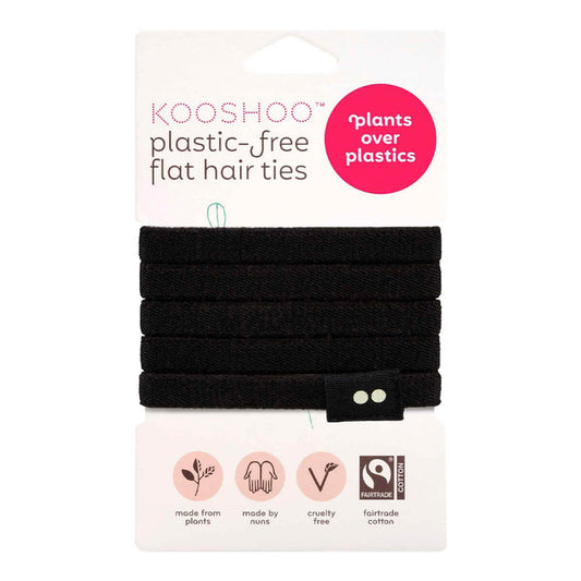 Pack of black plastic-free flat hair ties with Kooshoo branding on a white background