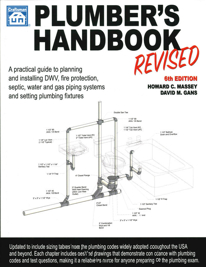 Cover of the 6th edition Plumber's Handbook Revised 2023 with plumbing diagrams and author names on white background