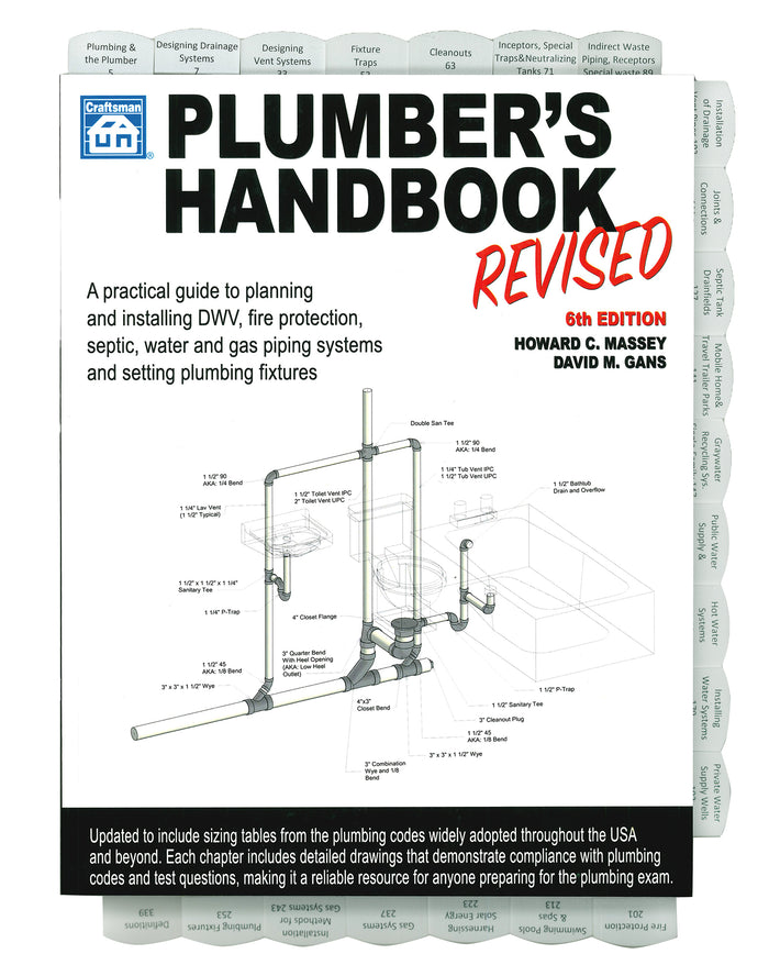Cover of Plumber's Handbook Revised 6th Edition with plumbing diagrams and author names Howard C. Massey and David D. Gans