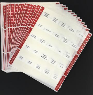 Clear preprinted tabs with red side labels and black text for Florida Roofing Contractor book organization and highlighting