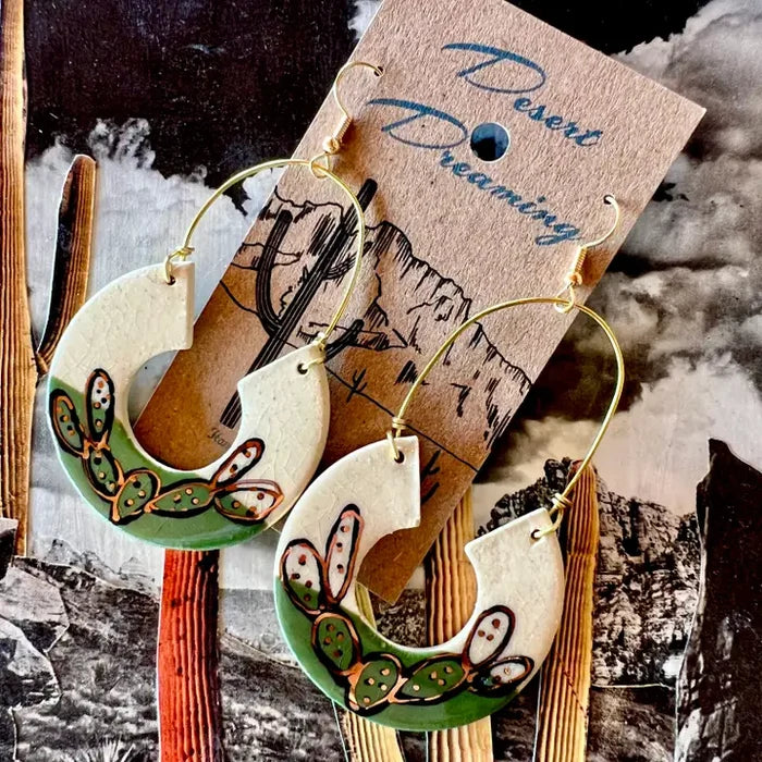 Prickly Pear Hoops Ceramic Earrings