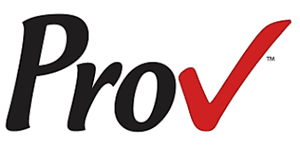 Logo of ProV with black and red text featuring a red checkmark as part of the design