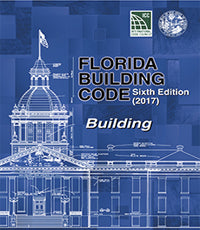 Cover of Florida Building Code Sixth Edition 2017 showing white architectural line drawings of a government building on blue background