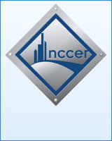 NCCER logo with blue building silhouettes inside a silver diamond shape on a light blue background