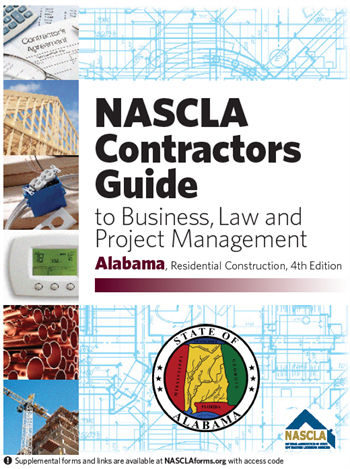 Cover of NASCLA Contractors Guide to Business, Law and Project Management Alabama, 4th Edition with construction and state seal visuals