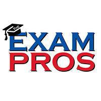 Exam Pros logo featuring a black graduation cap tilted over bold blue and red text on a white background