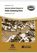 Cover of American National Standard for Public Swimming Pools document with aerial pool photograph and ANSI logos