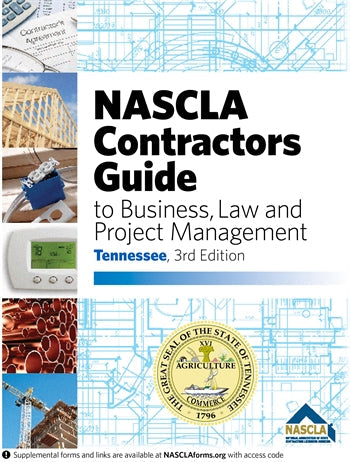 Cover of NASCLA Contractors Guide 3rd Edition for Tennessee with construction images and state seal on blueprint background