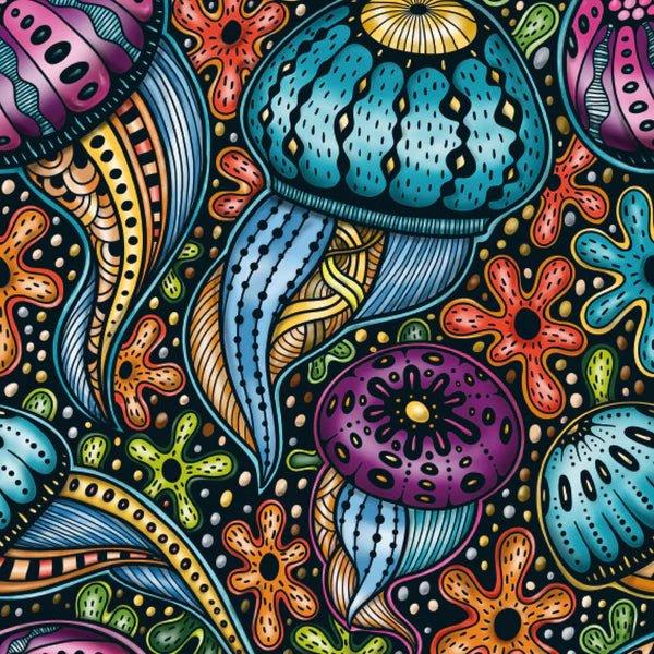 Colorful abstract pattern with jellyfish on a black background