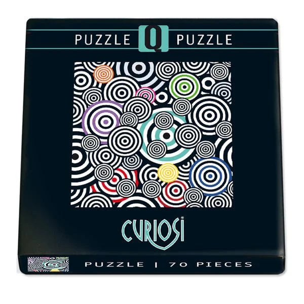 Black Curiosi brand Q Puzzle box with squiggle pattern on a white background