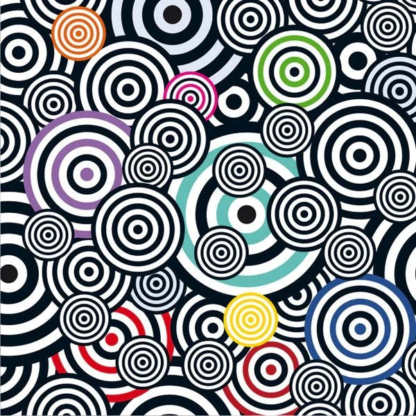 Image of a black and white squiggle pattern with pops of color on a white background