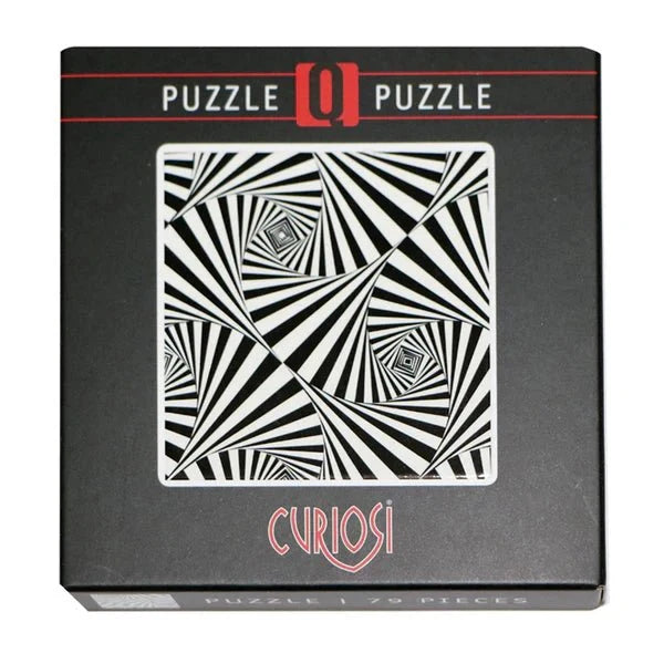 Puzzle box with black and white geometric design and 'Curiosi' branding.