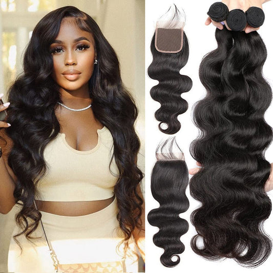 qvr body wave natural black human hair bundles with lace closure virgin human hair