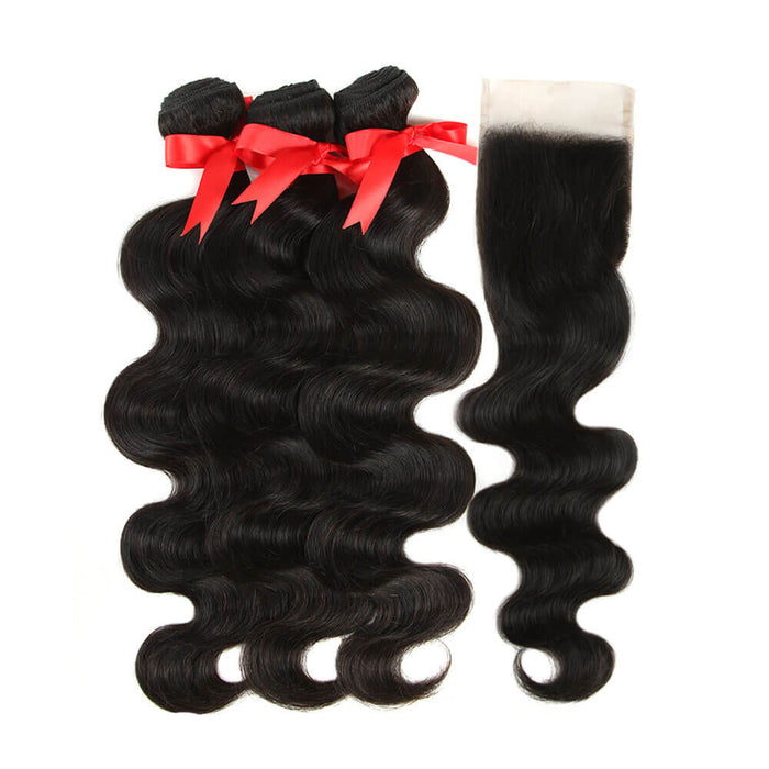body wave natural black human hair bundles with lace closure virgin human hair