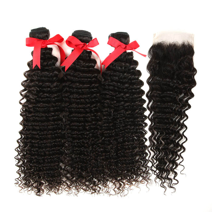 natural black virgin human hair 3 bundles with 4x4 lace closure hair weave