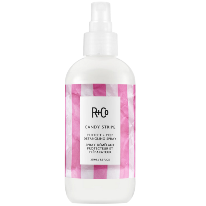 R+Co Candy Stripe Detangle Spray, heat protection spray, detangling leave-in spray, leave-in detangler, hair prep spray, nourished hair, smooth hair, protect hair from damage, detangle and hydrate, 450-degree heat protection.