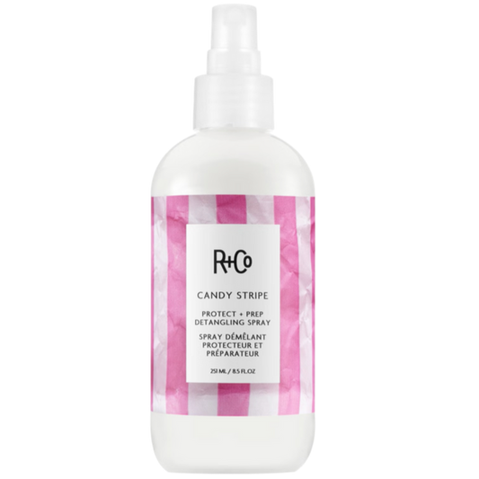 R+Co Candy Stripe Detangle Spray, heat protection spray, detangling leave-in spray, leave-in detangler, hair prep spray, nourished hair, smooth hair, protect hair from damage, detangle and hydrate, 450-degree heat protection.