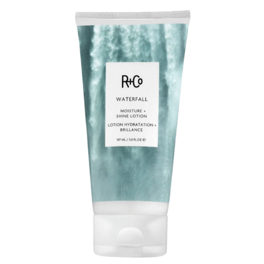 R+Co WATERFALL lotion, moisture shine hair cream, lightweight hydration for fine hair, softening hair lotion, frizz control hair product, glossing hair lotion, hydration for long hair, lightweight hair moisturizer, shine-enhancing styling cream, hair lotion for smooth finish