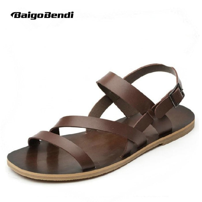 REAL Leather Mens Cross Tied  Sandals Summer Beach casual Buckle Strap slipper shoes