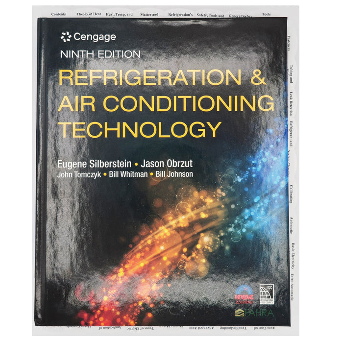 Refrigeration & Air Conditioning Technology 9th Edition 2021 book cover with colorful abstract light streaks on black background