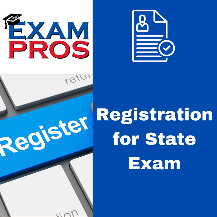 Blue register key on keyboard and text block reading Registration for State Exam with logo and icon