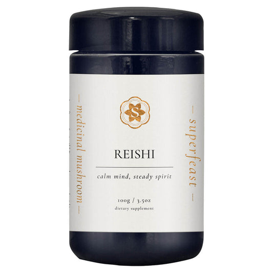 Supplement container labeled 'Reishi' by 'superfeast' on a white background