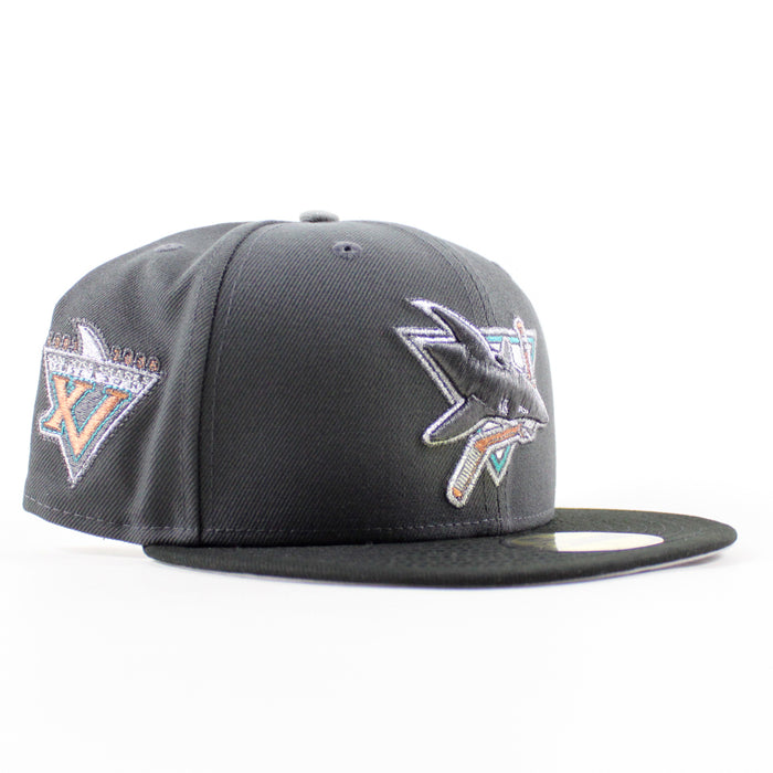 Retro San Jose Sharks 15th Season New Era 59Fifty Fitted Hat (Dark Gray Black Gray Under Brim)