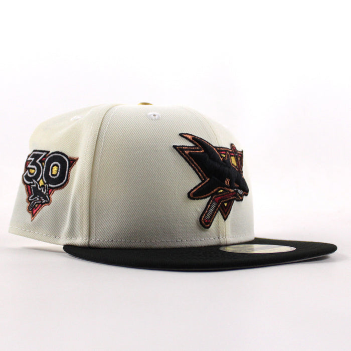 Retro San Jose Sharks 30 Years New Era 59Fifty Fitted Hat (Chrome White Black Gray Under Brim)
