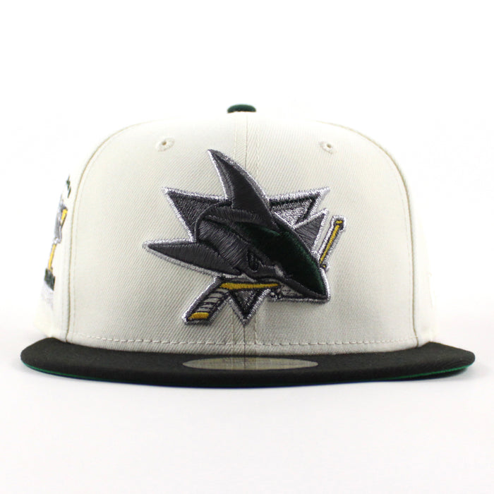 Retro San Jose Sharks 5th Season New Era 59Fifty Fitted Hat (Chrome White Black Green Under Brim)
